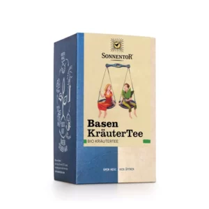 Sonnentor Basen KräuterTee-Paket mit einer Illustration von zwei Personen auf einer Schaukel.