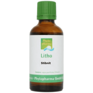 Braune Glasflasche mit grünem Verschluss, beschriftet mit „Stibnit“ von Phytopharma. Enthält Aqua purificata und Ethanol.