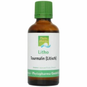 Braune Flasche mit der Aufschrift „Tourmalin“ und grünem Schraubverschluss. Enthält gereinigtes Wasser und Ethanol. Marke: Phyto Pharma.
