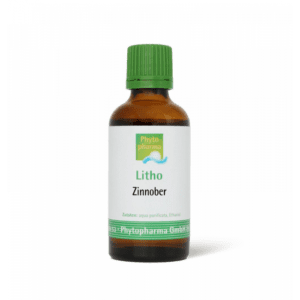 Eine braune Flasche mit grünem Verschluss und der Aufschrift „Zinnober“ der Phytopharma GmbH enthält Aqua purificata und Ethanol.