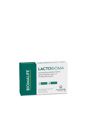 Eine Schachtel LACTO BIOMA mit deutschen Produktinformationen, die 30 pflanzliche Kapseln enthält, die als laktosefrei und glutenfrei gekennzeichnet sind.