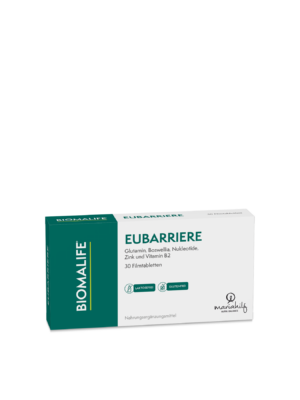 Eine Schachtel EUBARRIERE Filmtabletten, laktose und glutenfrei, enthält Glutamin, Boswellia, Nukleotide, Zink und Vitamin B2.