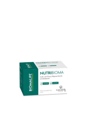 Eine Schachtel NUTRI BIOMA Nahrungsergänzungsmittel mit 24 Beuteln, die als laktosefrei und glutenfrei gekennzeichnet sind.
