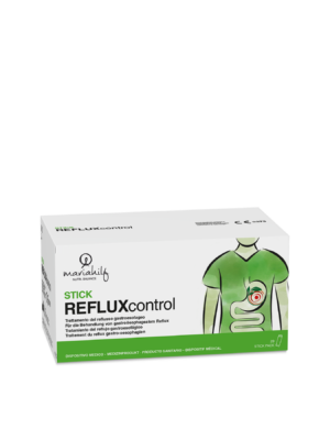 Schachtel mit REFLUXcontrol STICK, einem medizinischen Produkt zur Behandlung von gastroösophagealem Reflux, mit der Abbildung eines menschlichen Torsos, auf der der Magen und Speiseröhrenbereich hervorgehoben ist.
