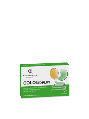 Eine Schachtel mit COLOTAB PLUS Kapseln zur Nahrungsergänzung mit einer grün gelben, abstrakten Illustration des Verdauungssystems auf der Verpackung.