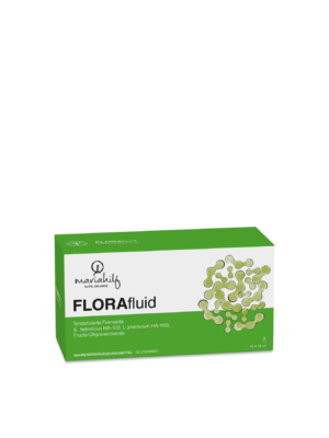 Eine grün weiße Schachtel mit der Aufschrift FLORAFLUID und wissenschaftlichen Illustrationen von mariahilf enthält 9 Beutel mit je 10 ml eines Nahrungsergänzungsmittels.