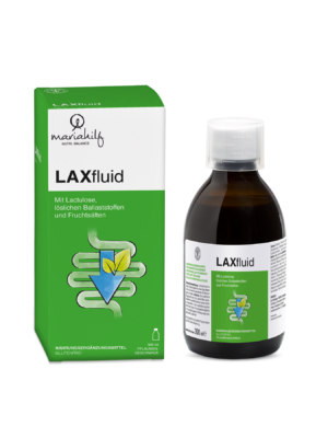Eine Flasche und eine Schachtel des Nahrungsergänzungsmittels LAXFLUID in grüner und weißer Verpackung mit Produktdetails und einer stilisierten Grafik des Verdauungssystems.