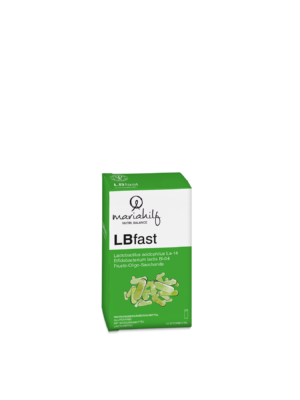 Eine grün weiße Schachtel mit der Aufschrift LB FAST, auf deren Vorderseite Abbildungen von Kapseln zu sehen sind, enthält probiotische Nahrungsergänzungsmittel.