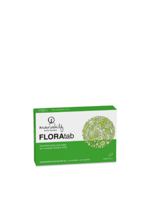 Die grün weiße FLORATAB Schachtel von mariahilf mit dem Design einer grünen Blase enthält 24 Kapseln des Nahrungsergänzungsmittels Saccharomyces cerevisiae.