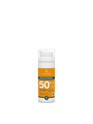 Eine Flasche GESICHTSCREME LSF 50+ REICHHALTIGE TEXTUR Gesichtscreme mit SPF 50+ in einem weiß orangefarbenen Behälter auf einfarbig weißem Hintergrund.