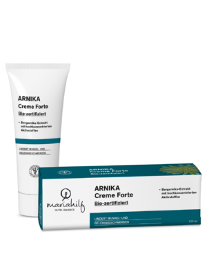 Tube und Schachtel ARNIKA CREME FORTE BIO ZERTIFIZIERT mit hochkonzentriertem Bergamotte Extrakt bei Muskel und Gelenkbeschwerden.