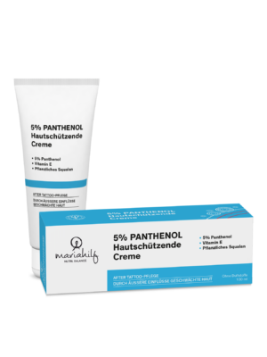 Eine Tube und Schachtel HAUTSCHÜTZENDE CREME 5% PANTHENOL von mariahilf, mit Vitamin E und Squalan auf pflanzlicher Basis, für die Tattoo Nachsorge.