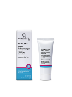 Eine 50 ml Tube und eine Schachtel mit EUPILEN Creme für Verbrennungen und äußere Hautreizungen.