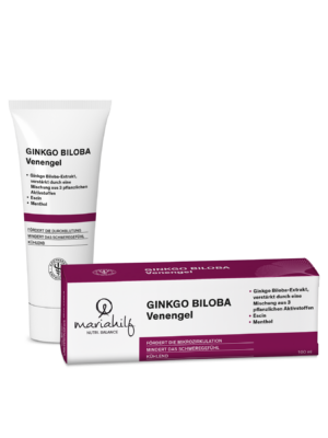 Tube und Schachtel von VENENGEL GINKGO BILOBA mit ESCIN, einem Venengel mit Ginkgoextrakt, Escin, Menthol und pflanzlichen Inhaltsstoffen, auf weißem Hintergrund.