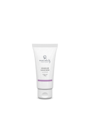 Eine weiße Tube NÄHRENDE HANDCREME mit HONIG Handcreme mit lila Akzent steht aufrecht auf einem schlichten weißen Hintergrund.