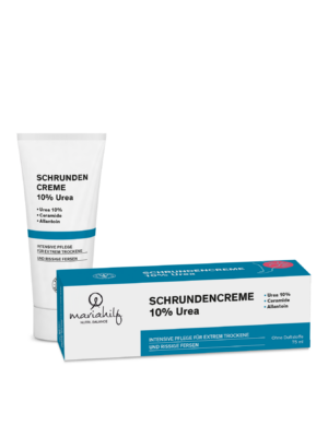 Tube und Dose SCHRUNDENCREME UREA 10% mit Ceramiden, mit Allantoin, zur Intensivpflege extrem trockener und rissiger Fersen, 75 ml.