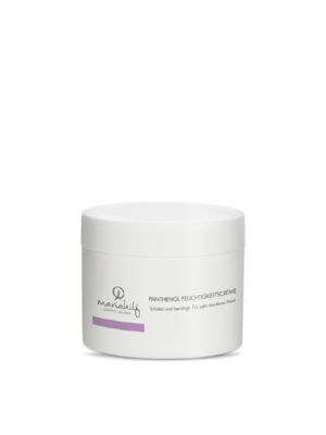 Eine weiße Dose PANTHENOL FEUCHTIGKEITSCREME mit einem violetten Etikett für sehr trockene Haut ist vor einem schlichten Hintergrund abgebildet.