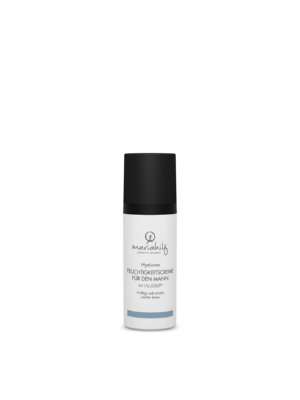 Eine weiße Flasche mit einer schwarzen Kappe mit der Aufschrift Hyaluron ALOE VERA CREME FÜR DEN MANN von Mariahilf, eine Feuchtigkeitscreme für Männer.