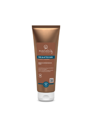 Eine braune Tube mit der Aufschrift BRÄUNUNGS INTENSIVIERENDE CREME PRE & AFTER SUN steht aufrecht vor einem weißen Hintergrund.