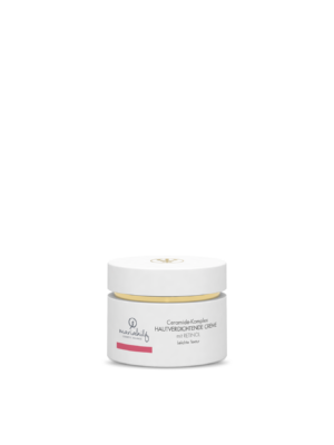 Ein weißer Tiegel der Ceramide Komplex HAUTVERDICHTENDE CREME mit RETINOL steht vor einem schlichten hellgrauen Hintergrund.