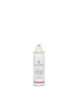 Eine weiße Flasche Hyaluron AUGEN UND LIPPENCREME mit IALUDEEP® Intensive Anti Aging Wirkung mit Pumpspender, rosa Etikett und deutschem Text.