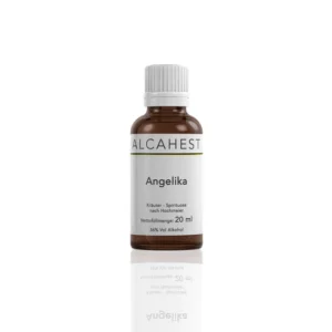 Eine kleine braune Flasche mit der Aufschrift „ANGELIKA“, 20 ml, enthält 36 % vol Alkohol.