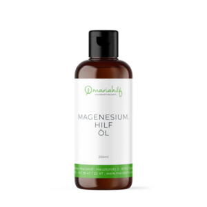 Eine 200-ml-Flasche MAGNESIUM ÖL. HILF ÖL mit schwarzem Deckel und weißem Etikett mit grünem Text und Logo.