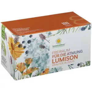 Schachtel mit Lumison®-Kräuterextrakt von SonnenMoor, mit Blumen- und Kräutergrafiken und dem Text „Freiraum für die Atmung“ auf der Verpackung.