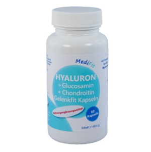 Eine Flasche des Nahrungsergänzungsmittels GELENK-KPS FIT MEDIFIT mit deutscher Beschriftung, das Glucosamin und Chondroitin enthält, enthält 60 Kapseln.
