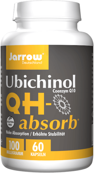 Eine Flasche COENZYM Q10 KPS 100MG RED mit 60 Kapseln zu je 100 mg. Mit dem Hinweis auf glutenfrei, hohe Absorption und erhöhte Stabilität.