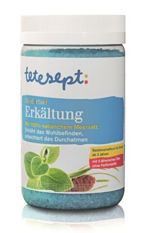 Eine Dose TETESEPT MEERSALZ ERKAELT.KI Badesalz, mit natürlichem Meersalz und ätherischen Ölen, für Kinder ab 3 Jahren ohne Zusatz von Parfüm.