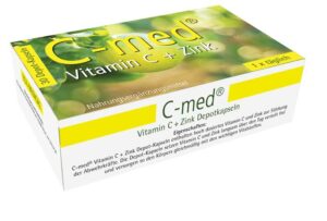 Schachtel Nahrungsergänzungsmittel C-MED VITAMIN C+ZINK DEPKPS mit 30 Kapseln.