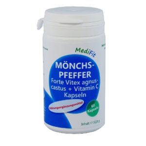 Eine weiße Flasche mit der Aufschrift „MOENCHSPFEFFER KPS FTE VITEX“ mit 60 Kapseln Forte Vitex agnus-castus und Vitamin C.