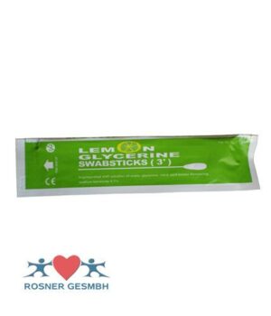 Ein Beutel LEMON GLYCERIN SWAB ROS 25X3 ist auf einem weißen Hintergrund abgebildet. Die grüne Verpackung wird durch Text und ein Logo darunter hervorgehoben, auf dem zwei Figuren zu sehen sind, die ein Herz halten.