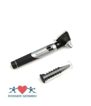 OTOSKOP MINI R-3000 +XENON zeigt ein medizinisches Otoskop mit schwarzem Griff, silbernem Akzent und transparenter Abdeckung auf weißem Hintergrund. Unten links befindet sich das Logo der Rosner GesmbH mit Herz und Figuren.