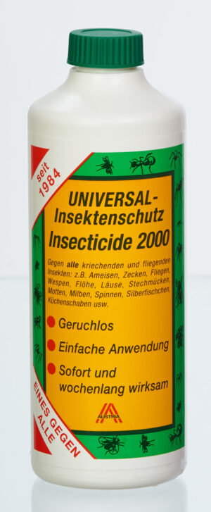 Flasche mit Insektizid mit der Aufschrift „INSECTICIDE 2000 NF“ und deutschem Text, der das Mittel als geruchlos, einfach in der Anwendung und langanhaltend wirksam gegen verschiedene Insekten beschreibt.