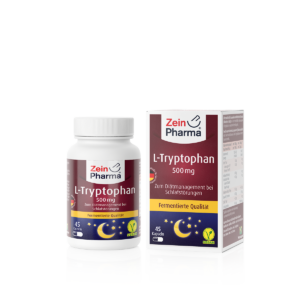 Flasche und Schachtel mit L-TRYPTOPHAN KPS 500MG ZEINP-Kapseln, mit Nachthimmel-Design, gekennzeichnet als Schlafmanagement.