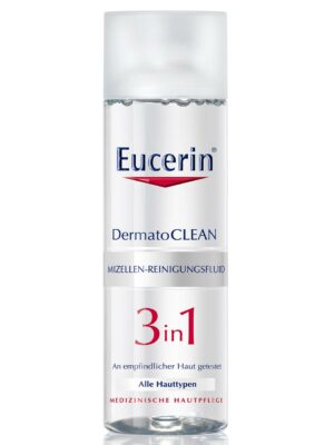Eine Flasche EUC DERM.3IN1 MIZELLE mit transparenter Kappe und weißem Etikett.
