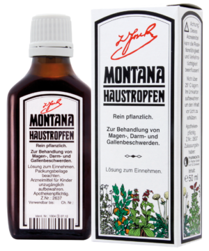 Eine Flasche und eine Schachtel MONTANA HAUSTR, eine Kräuterlösung für Magen-, Darm- und Gallenbeschwerden, mit Pflanzenillustrationen und deutschem Text auf der Verpackung.