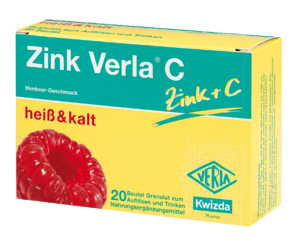Schachtel ZINK VERLA C GRAN 5MG HIMB K Nahrungsergänzungsmittel mit Himbeergeschmack zur heißen und kalten Anwendung, enthält 20 Beutel.