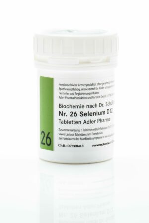 Weiße Tablettenflasche mit der Aufschrift SCHUESS 26 SELENIUM D12 ADL. Enthält homöopathische Tabletten von Adler Pharma, mit Anleitung und Einzelheiten in Deutsch.