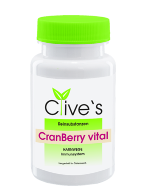 Eine weiße Flasche mit der Aufschrift „CLIVES CRANBERRY KPS VITAL“ hat einen grünen Deckel mit einem Text, der die Unterstützung der Harnwege und des Immunsystems betont.