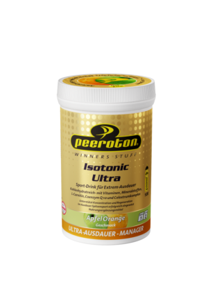 Goldbehälter des Sportgetränks PEEROTON ISOTON.ULTR.ORANG mit Apfel- und Orangengeschmack, enthält Vitamine, Mineralstoffe und L-Carnitin.