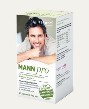 Packung mit Nahrungsergänzungsmittel FIGUREFORM PRO KPS MANN mit einem lächelnden Mann auf dem Etikett und Informationen in deutscher Sprache zur Blasen- und Prostataunterstützung. Enthält 90 Kapseln à 580 mg.