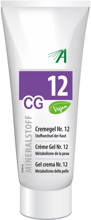 Tube SCHUESS CR GEL NR 12 ADL mit veganem Etikett. Text in Deutsch, Französisch, Italienisch. Weiß-lila Design.