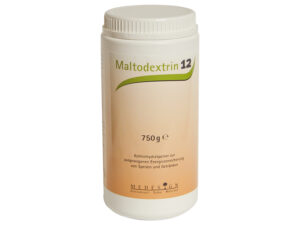 Ein Behälter mit der Aufschrift „MALTODEXTRIN 12 750G MED“ und einem weißen und orangefarbenen Design.