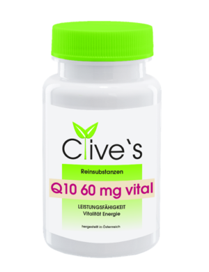 Weiße Flasche mit grünem Deckel mit der Aufschrift „Q10 KPS Clives 60mg Vital“. Leistungs- und Energieversprechen, hergestellt in Österreich.