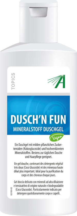 Eine Flasche SCHUESS DUSCHN FUN DUGEL ADL. Weißer Hintergrund, blaues Etikett, grüner veganer Text. Enthält pflanzliche Reinigungsmittel und Mineralien.