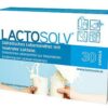 Schachtel Nahrungsergänzungsmittel LACTOSOLV KPS 17500 FCC mit 30 Kapseln, mit Abbildungen von eingegossener Milch und Produktsymbolen.
