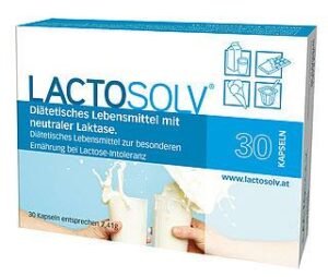 Schachtel Nahrungsergänzungsmittel LACTOSOLV KPS 17500 FCC mit 30 Kapseln, mit Abbildungen von eingegossener Milch und Produktsymbolen.
